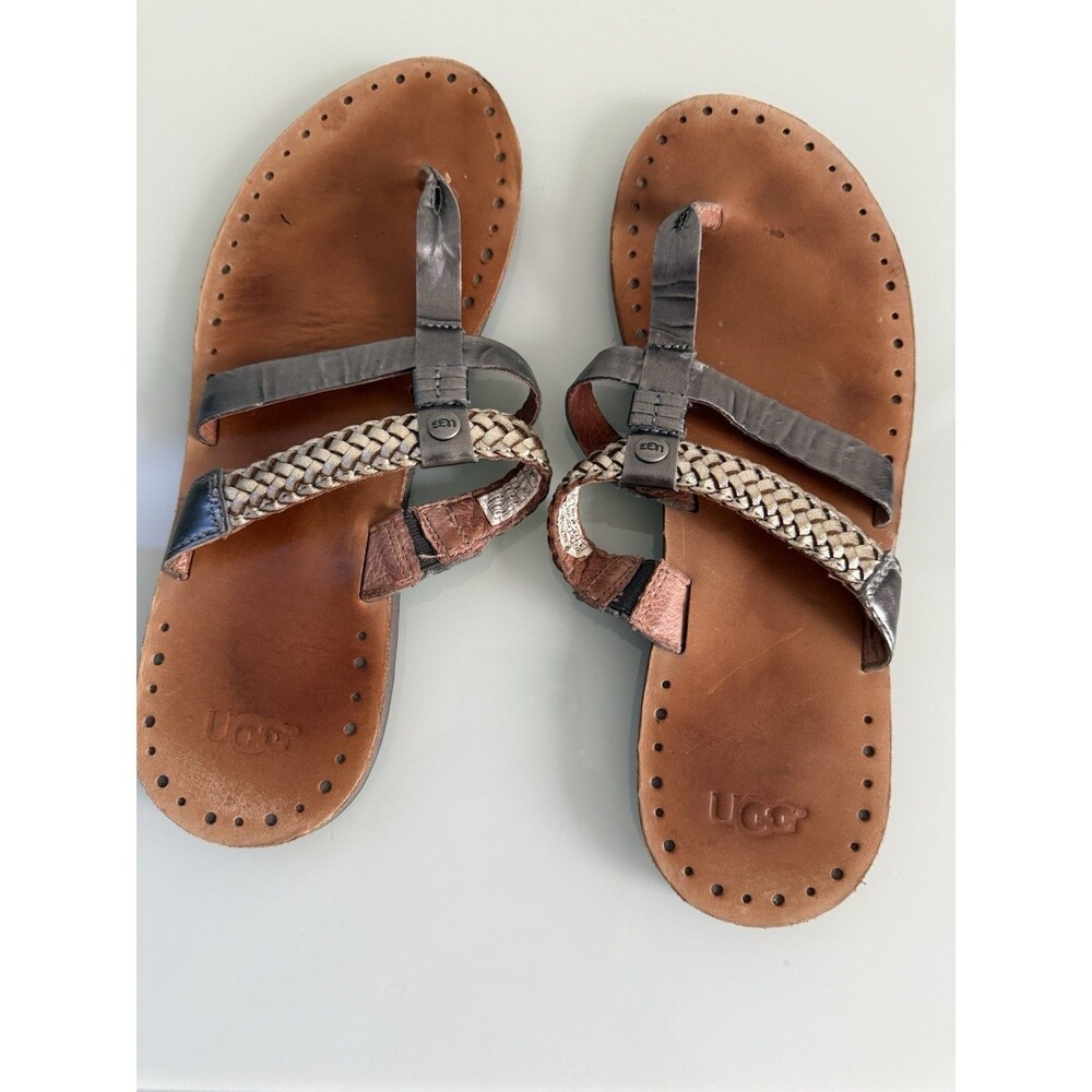 UGG Women’s Size 9 Leather Metallic Braided Strappy Thong Sandals